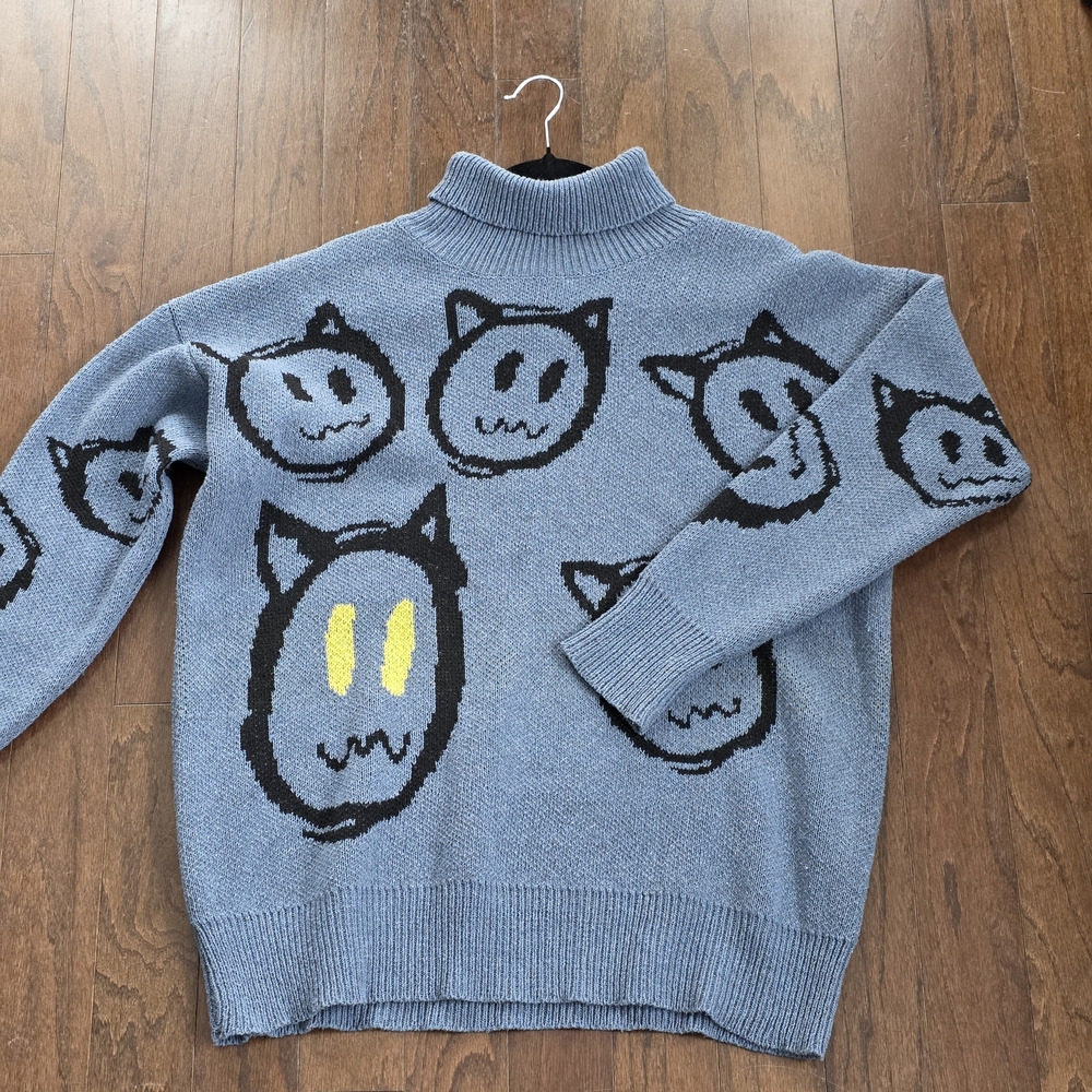 Blue Sweater with Cat Faces
